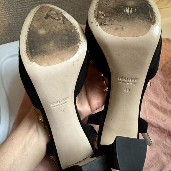 Miu Miu Black Suede Bow Peep-Toe Sandals - Picture 8 of 10